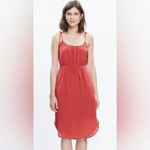 Madewell Coral Red 100% Silk Skyway Cami Dress Straps Back Buttons Lined Pockets